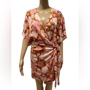 Lush Floral Wrap Dress in Pink and Brown Size S